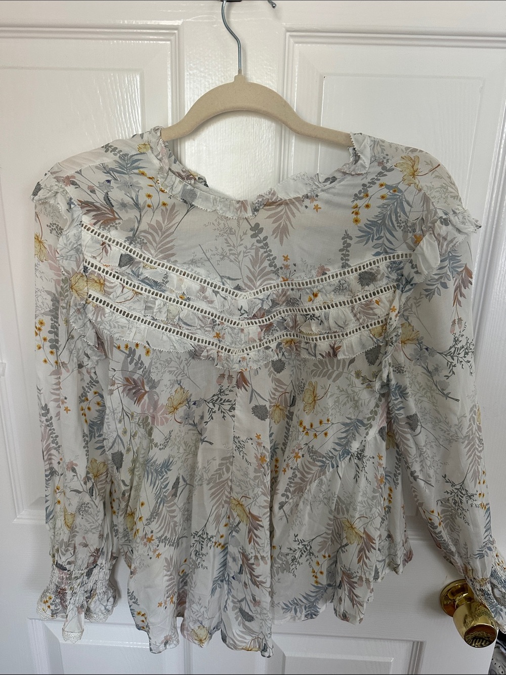 Olivaceous Sheer Floral Lace-Trim Blouse - White, Yellow, Gray, Brown